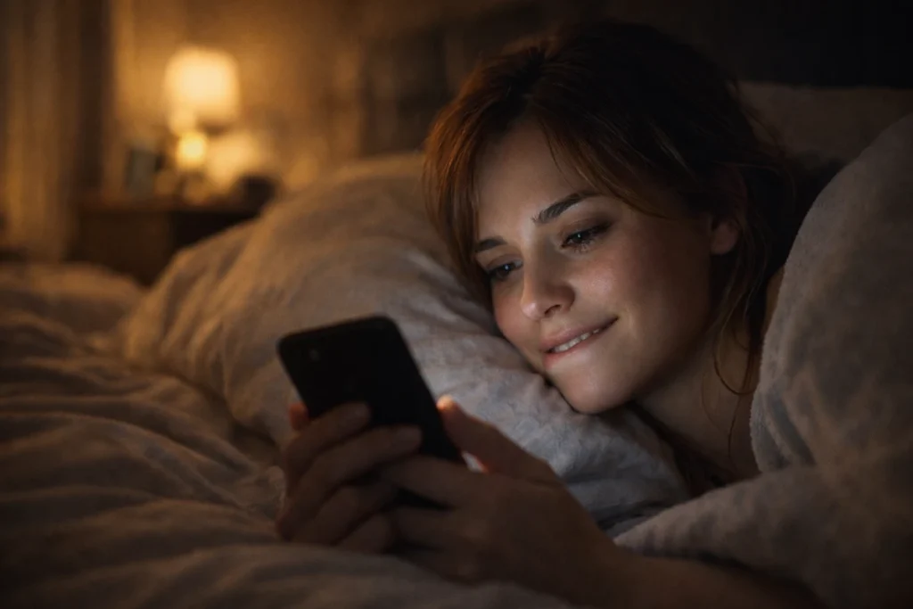 Mujer sonriendo en la cama conectada con su pareja por celular para mantener la pasión a distancia.